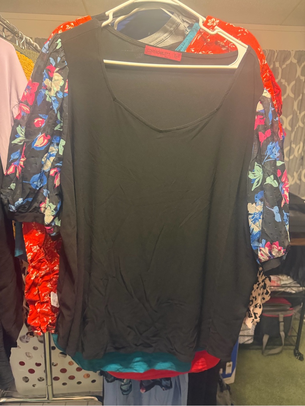 Scarlett Black Top with Multicolor Floral Puff Sleeves